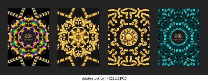 Conjunto de portadas étnicas, plantillas verticales. Colección de fondo geométrico de relieve vintage con patrón 3D fractal, textura tribal dorada. motivos orientales, asiáticos, indios, mexicanos, aztecos, peruanos.