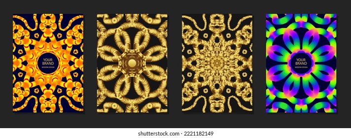 Conjunto de portadas étnicas, plantillas verticales. Colección de fondos geométricos únicos en relieve con patrón 3D fractal, textura tribal dorada. motivos orientales, asiáticos, indios, mexicanos, aztecos, peruanos.