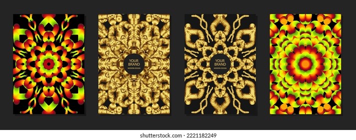 Set of ethnic covers, vertical templates. Collection of abstract embossed geometric backgrounds with fractal 3D pattern, tribal golden texture. Oriental, Asian, Indian, Mexican, Aztec, Peru motifs.
