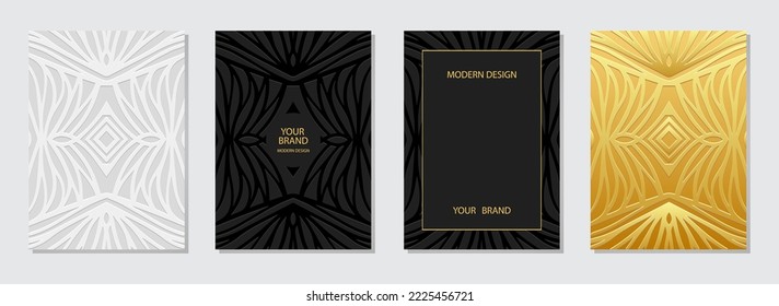 Set of ethnic covers, vertical templates. Original collection of embossed geometric backgrounds with 3D pattern, tribal golden texture, press paper, boho style, doodle and zentangle. 