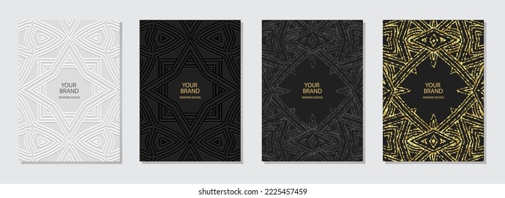 Set of ethnic covers, vertical templates. Vintage collection of embossed geometric backgrounds with 3D pattern, tribal golden texture, press paper, boho style, doodle and zentangle.