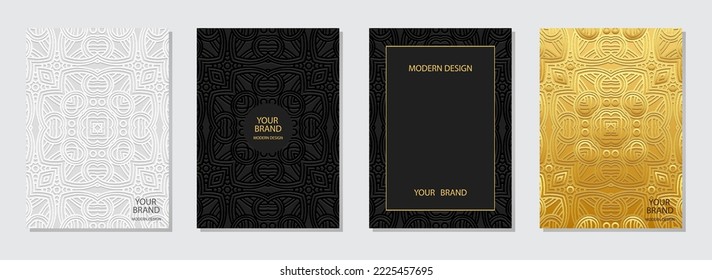 Set of ethnic covers, vertical templates. Exotic collection of embossed geometric backgrounds with 3D pattern, tribal golden texture, press paper, boho style, doodle and zentangle.