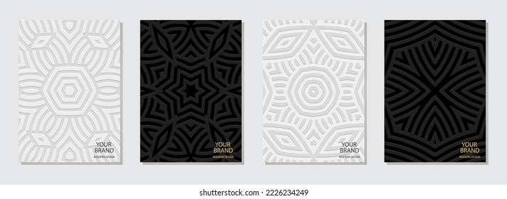 Set of ethnic covers, vertical templates. Collection of relief geometric backgrounds with 3D pattern, tribal decorative texture, press paper, boho style, doodle and zentangle. Actual themes for design