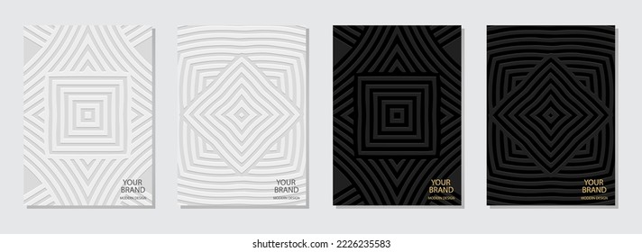 Set of ethnic covers, vertical templates. Collection of relief geometric backgrounds with 3D pattern, tribal trendy texture, press paper, boho style, doodle and zentangle. Actual themes for design 