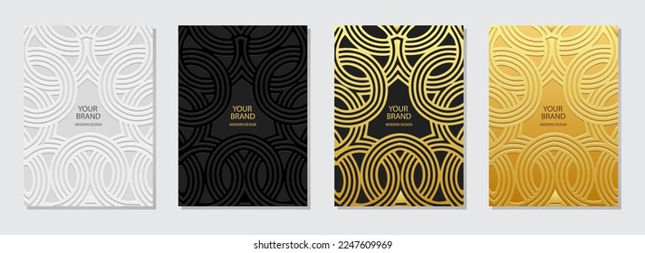 Set of ethnic covers, vertical templates in handmade style. Artistic collection of relief geometric backgrounds with 3D pattern, tribal golden texture with circles. Boho, doodle and zentagle