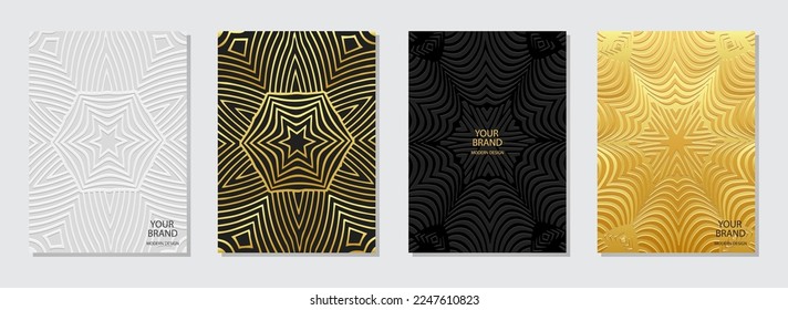 Set of ethnic covers, vertical templates in handmade style. Exotic collection of relief geometric backgrounds with 3D pattern, tribal golden texture. Boho, doodle and zentagle, press paper.