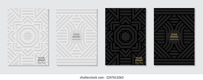 Set of ethnic covers, vertical templates in handmade style. Minimalistic collection of relief geometric backgrounds with 3D pattern, tribal texture. Boho, doodle and zentagle, press paper.