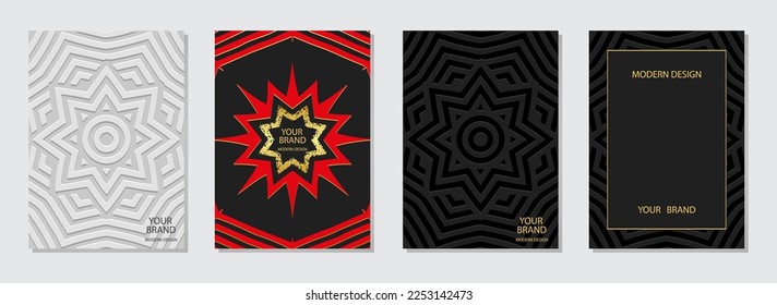 Set of ethnic covers, vertical templates in boho style. Decorative collection of relief geometric backgrounds with 3D pattern, doodle and zentangle technique, tribal golden texture. Press paper.