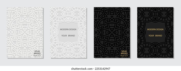Set of ethnic covers, vertical templates in boho style. Unique collection of relief geometric backgrounds with 3D pattern, doodle and zentangle technique, tribal texture. Press paper.