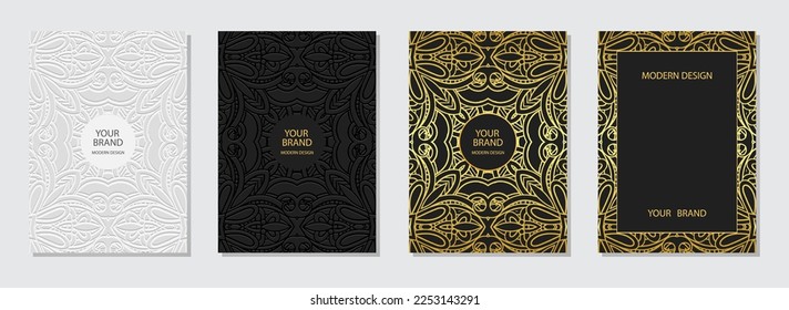 Set of ethnic covers, vertical templates in boho style. Vintage collection of relief geometric backgrounds with 3D pattern, doodle and zentagle technique, tribal golden texture. Press paper.