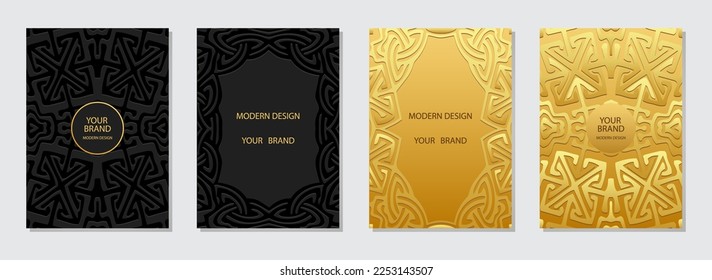 Set of ethnic covers, vertical templates in boho style. Creative collection of relief geometric backgrounds with 3D pattern, doodle and zentangle technique, tribal golden texture. Press paper.