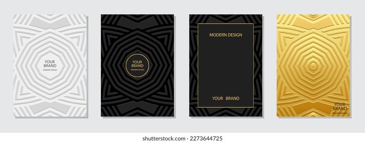 Set of ethnic covers, vertical templates. A unique collection of relief geometric backgrounds with a 3D pattern, press paper. Motives of the East, Asia, India, Mexico, Aztecs. Dudling, boho, art deco.