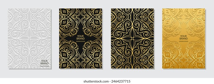 Set of ethnic covers, vertical templates. Collection of relief, geometric backgrounds with artistic 3D pattern, golden texture. Mandala, ornaments, arabesques of the East, Asia, India, Mexico, Aztec, 