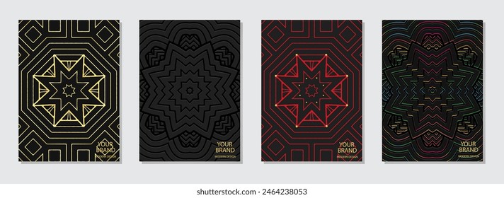 Set of ethnic covers, vertical templates. A collection of embossed, geometric backgrounds with a creative 3D pattern, golden texture. Mandala, ornaments, arabesques of the East, Asia, India, Mexico