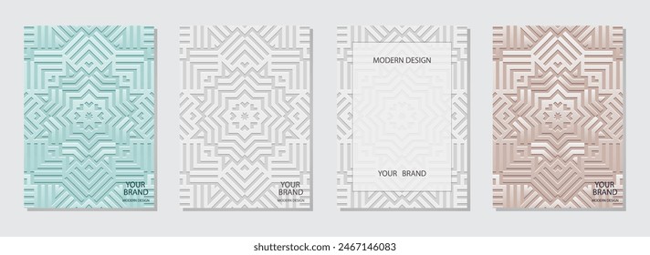 Conjunto de coberturas étnicas, Plantillas de Vertical. Una colección única de relieve, fondos geométricos con patrones 3D, colores claros. Ornamentos, mandala, arabescos del este, Asia, India, México, azteca