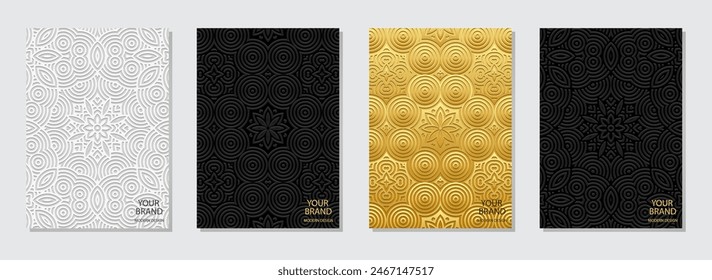 Set of ethnic covers, vertical templates. Artistic collection of relief, geometric backgrounds with 3D pattern, golden texture. Ornaments, mandala, arabesques of the East, Asia, India, Mexico, Aztec, 