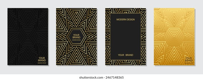 Set of ethnic covers, vertical templates. Collection of relief, geometric backgrounds with linear 3D pattern, golden texture. Ornaments, mandala, arabesques of the East, Asia, India, Mexico, Aztec