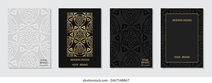 Set of ethnic covers, vertical templates. Exotic collection of relief, geometric backgrounds with 3D pattern, golden texture. Ornaments, mandala, arabesques of the East, Asia, India, Mexico, Aztec