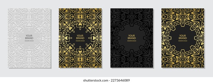 Set of ethnic covers, vertical templates.Vintage collection of relief geometric backgrounds with 3D pattern, press paper. Motives of the East, Asia, India, Mexico, Aztecs. Dudling, boho, art deco.