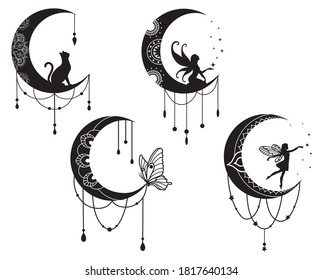 Set of ethnic crescent moon with fantastic creatures. Collection of moon with mandala. Design for drawing with henna. Vector illustration of a cosmic body with fairy-tale characters.