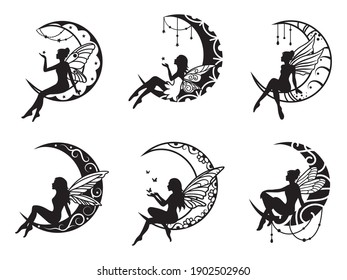 Set of ethnic crescents with fairies. Collection of moon with mandala. Design for painting with henna. Vector illustration of a cosmic body with fairy-tale characters.