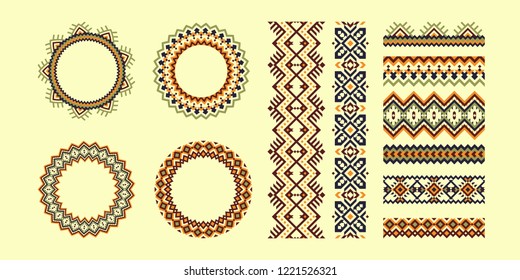 Set of Ethnic decorative elements.  Round ornament pattern, borders and frame. Tribal geometric design.