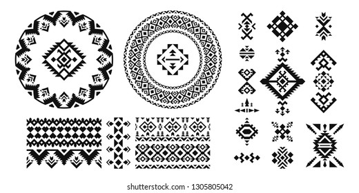 Set of Ethnic decorative elements. Round ornament pattern, borders, symbols and frame. Tribal geometric design. 