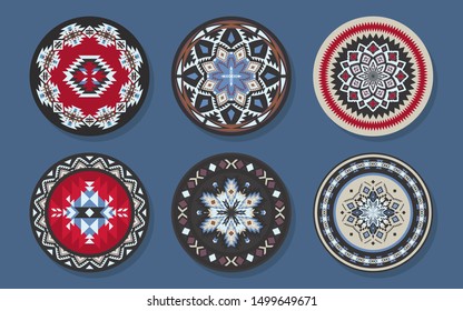 Set of Ethnic decorative elements. Round ornament patterns and borders. Tribal rugs with geometric design.