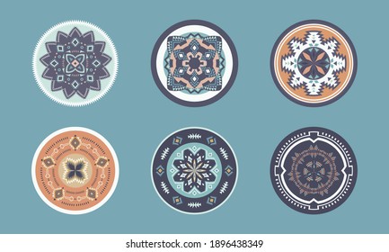 Set of Ethnic decorative elements. Round ornament patterns. Tribal rugs with geometric design.