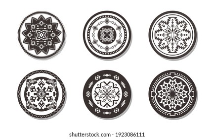 Set of Ethnic decorative elements. Round ornament patterns. Tribal rugs with geometric design.