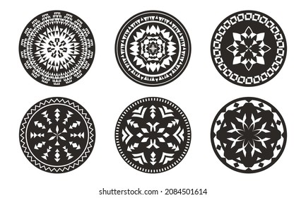 Set of Ethnic decorative elements. Round ornament patterns. Tribal rugs with geometric design.