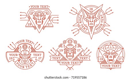 Set of ethnic diabolical masks of various shapes for logo, trademark, drawing on clothes, tattoo ornament, vector illustration. Badge is an evil devil, fiend, demon, Satan with horns.