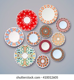 Set of ethnic dishes, wall with plates, interior decoration, table setting. The background plates on the wall. Isolated dish.  Vector illustration