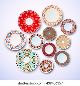 Set of ethnic dishes, wall with plates, interior decoration, table setting. The background plates on the wall. Isolated dish, menu designs ethnic plates. Vector illustration