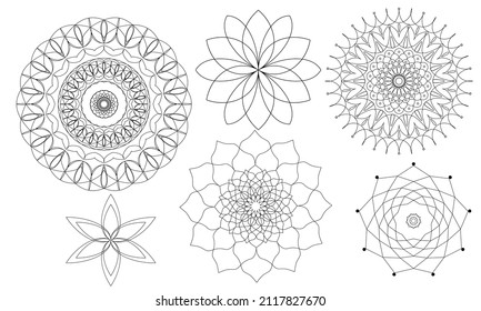 Set of ethnic drawings mandala in black color isolated on white background.