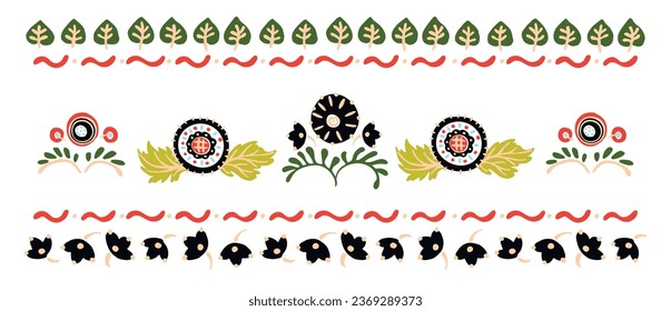 Un conjunto de elementos étnicos. El borde es una franja con flores, hojas, ramas, monogramas. bordado popular. Alfombra eslava, mexicana, india, gitana. Encaje de punto. Trajo mano de fondo abstracto.