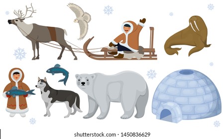 Set of ethnic Eskimos with polar animals. Polar owl, bear, walrus, deer. Vector illustration isolated on white background.
