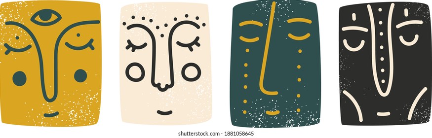  Set of ethnic faces in boho style. Flat vector illustration