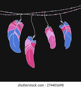 Set of ethnic feathers. Abstract dream catcher with feathers