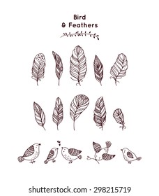 Set of ethnic feathers and bird. Hand drawn feathers for greeting card, invitation, henna and tattoo design