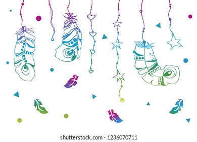 Set of ethnic feathers  in boho style.