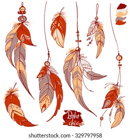 Set of ethnic feathers color. Ethnic set in native style. Feathers and beads on white background. Vector decorative elements hippie