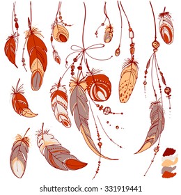 Set of ethnic feathers color. Ethnic set in native style. Feathers and beads on white background. Vector decorative elements hippie