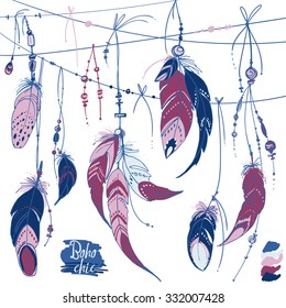 Set of ethnic feathers color. Ethnic set in native style. Feathers and beads on white background. Vector decorative elements hippie