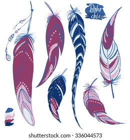 Set of ethnic feathers color. Ethnic set in native style. Feathers and beads on white background. Vector decorative elements hippie
