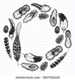 Set of ethnic feathers. Decoration design. Birds feathers, boho chic style. Tribal ornament pattern.