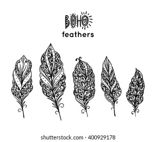 Set of ethnic feathers. Hand drawn feathers