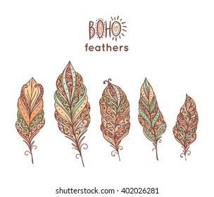 Set of ethnic feathers. Hand drawn feathers