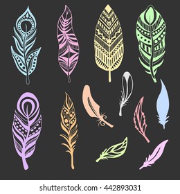 Set of Ethnic feathers. Hand drawn feathers in pastel colors. Vector illustration.
