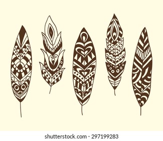 Set of ethnic feathers. Indian henna